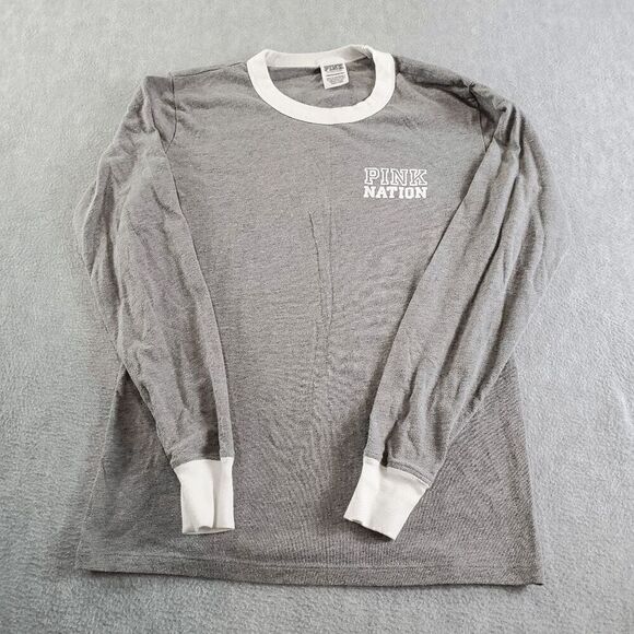PINK Victoria's Secret Shirt Women XS Gray Nation Tee Long Sleeve Logo Crew Neck - Picture 1 of 10